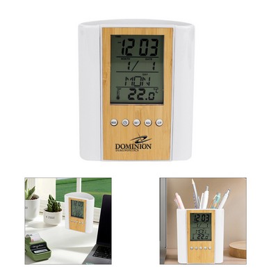 LCD Digital Alarm Clock Desk Pen Holder