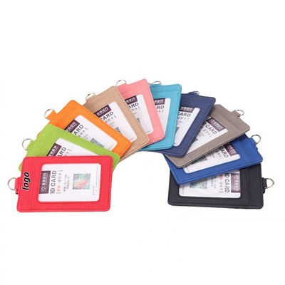 PU Leather ID Badge Holder with Retractable Reel and Lanyard