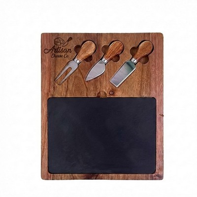Acacia Wood & Slate Cheese Board Set with Knives
