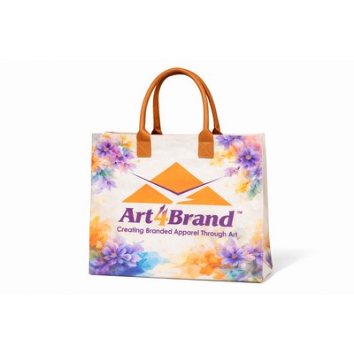14"x12" Eco Art Signature Structured Canvas Tote Bag Custom Leather Handles Full Color, Snap Closure