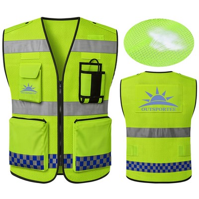 Reflective Safety Vest Mesh Polyester Multi-Pocket Security Uniform