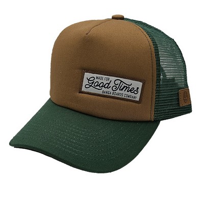 5-Panel High Crown Foam Mesh Back Trucker Hat with Custom Woven Patch