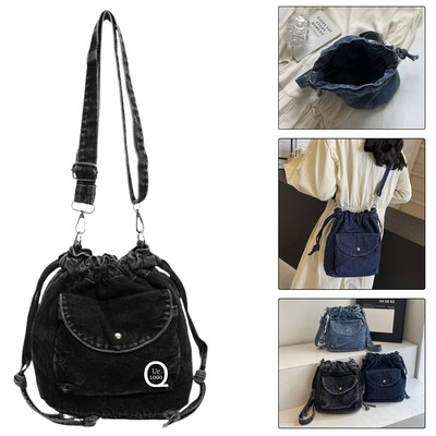 8.3 X 9.1" Denim Bucket Shoulder Bag W/ Detachable Strap