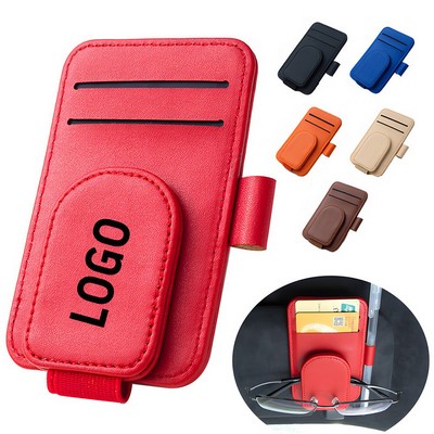 Colorful PU Leather Magnetic Auto Visor Eyeglasses Clip w/2 Cards and Pen Slots