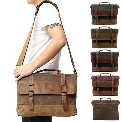 Vintage Genuine Leather Waxed Canvas Laptop Briefcase
