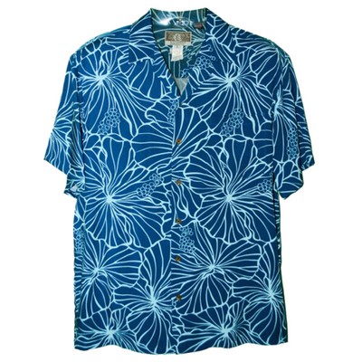 Navy Blue Hawaiian Tropical Soft & Supple Print Shirt w/Genuine Coconut Buttons