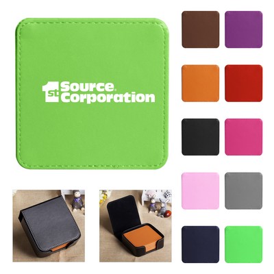4" Square Leather Coaster Set With Flip Top Holder