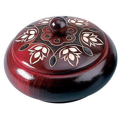 Round Wood Box w/Leaf Accent & Top Button (4 5/8"x2 1/8")