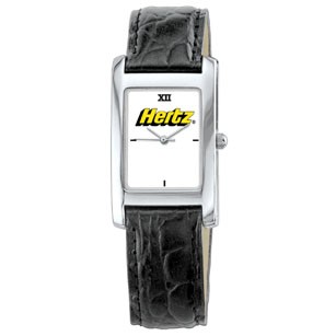 Unisex Silver Watch with Rectangular Dial and Black Leather Band