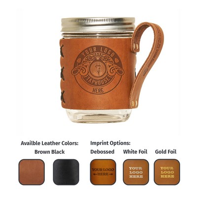 Full-Grain Leather Wide Mouth Mason Jar Holder w/Handle. Made in USA