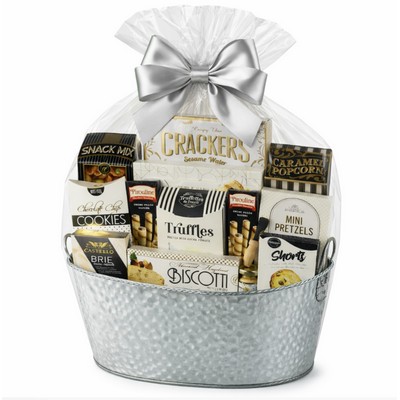 Gourmet Snack Gift Basket in Silver Metal Basket