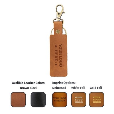 Full-Grain Leather Rectangle Keychain w/Small Clasp & Split Ring - Made in USA