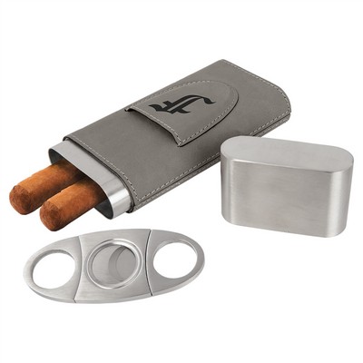 Gray Leatherette Cigar Case with Cutter