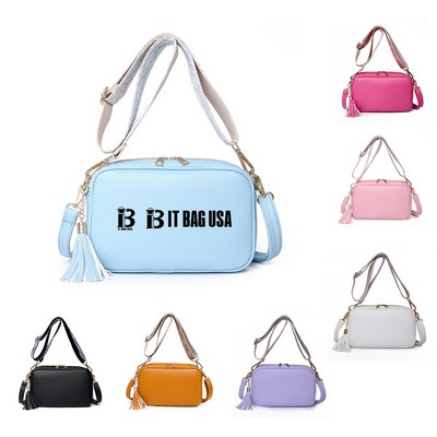 PU Leather Crossbody Bag w/ Tassel Pendant