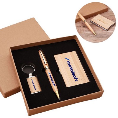 Bamboo Business Card Box Keychain Signature Pen Set
