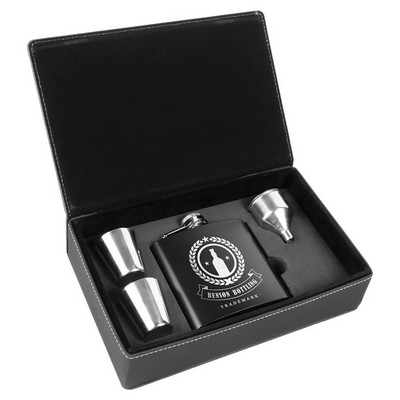 6 oz. Black Stainless Steel Flask Set in Black/Silver Leatherette Box