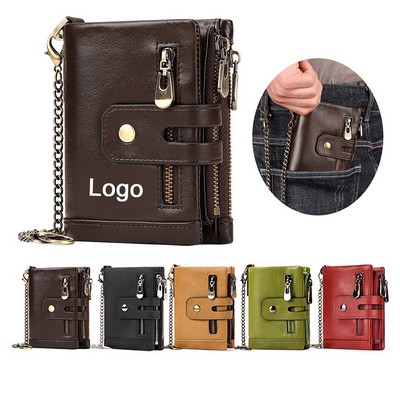 RFID Blocking Genuine Leather Bifold Mens Wallet with Chain