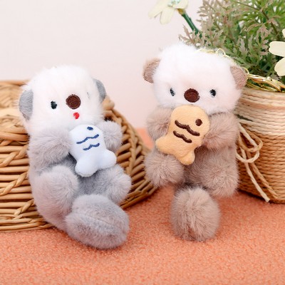 Cute Sea Otter Holding Fish Plush Keychain