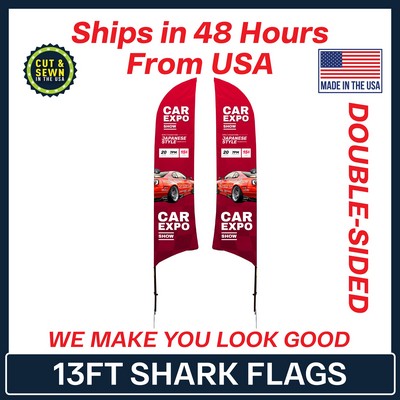 13' Shark Flag - Double Sided w/Spike Base - Made in the USA