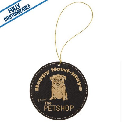 Black & Gold Leatherette - Ornament With Gold String - Round