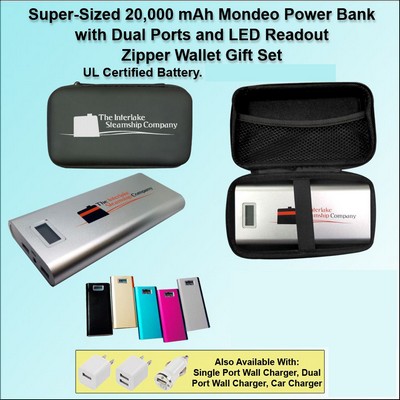 Super Sized Mondeo Power Bank 20,000 mAh, 4 Ports,LED Readout Black Zipper Wallet