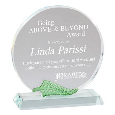 Optical Crystal Round Award w/Green Leaf (5 ¾" x 6 ¼")
