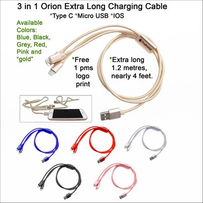 3" 1 Orion Extra Long Charging Cable Gold