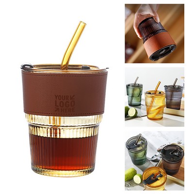 13oz Aesthetic Cold Brew Glass w/ Leather Sleeve & Lid