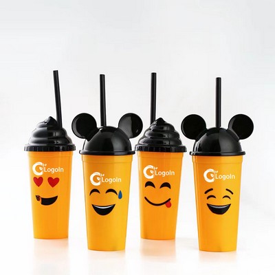 17 OZ PET Cartoon Smile Rabbit Cup with Straw and Lid