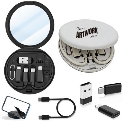 Round Compact Multi Functional Charging Cable Data Case Adapter Cable Kit Convertor With Mirror