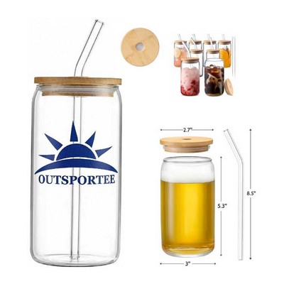 16oz Bamboo Lid Glass Straw Can Cold Drink Tumbler Cup
