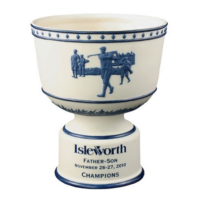 Alabaster White/Blue Vintage Bowl Ceramic Golf Trophy w/Raised Figures