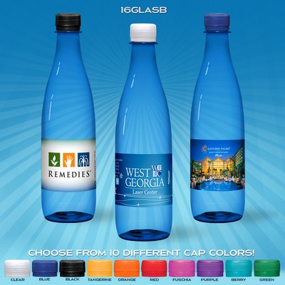 16.9 Oz. Custom Labeled Water in Blue "Glastic" Bottle w/Flat Cap