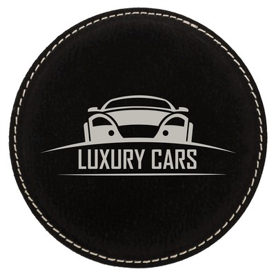 Round Coaster, Black Faux Leather, Engraved, 4" Dia
