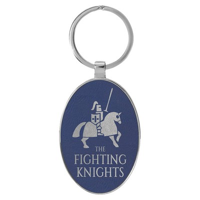 3" x 1 3/4" Leatherette/Metal Blue/Silver Oval Keychain