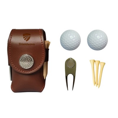 Vegan Leather Golf Ball Holder Tee Pouch Gift Sets (2 golf balls, 3 tees, and 1 divot fork included)