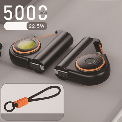 5000mAh Mini Power Bank With Retractable USB-C cable WIth Illumination light With Woven Carabiner