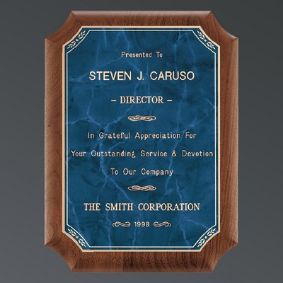Genuine American Walnut Notched Plaque, Sapphire Marble Plate w/Florentine, Medium (8"x10-1/2")