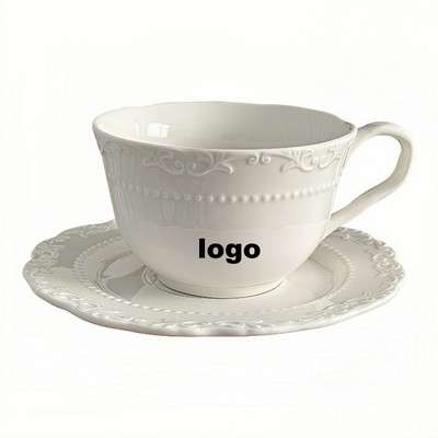 Elegant French Style Embossed Floral Coffee Cup and Saucer Set