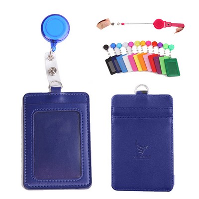 Retractable Lanyard 3 Pockets Dual Side PU Leather Card Holder