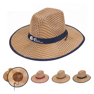 Summer Wide Brim Straw Cowboy Hat W/ Adjustable Strap