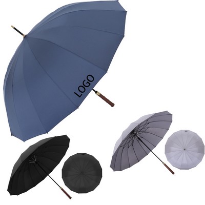 16 Ribs Golf Straight Umbrella With Wooden Handle