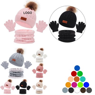 Winter Knitted Beanie Hat and Neck Scarf Set with Gloves