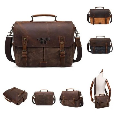 Waterproof Vintage Genuine Leather Waxed Canvas Briefcase