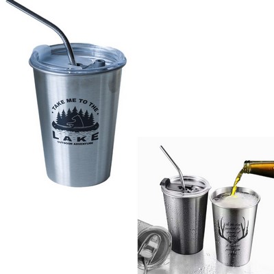 17OZ Stainless Steel Drinking Cup with Lid& Straw