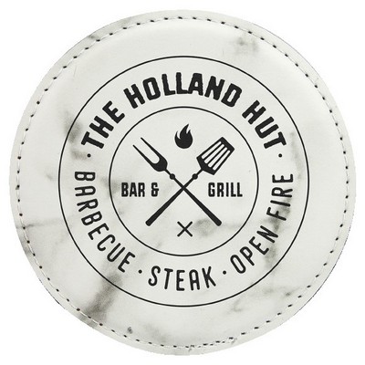 Round Coaster, White Marble Faux Leather, Engraved, 4" Dia