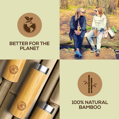 Premium Bamboo Vacuum Insulated Stainless Steel Tea Bottle w/Strainer