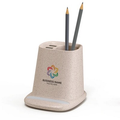 Wireless Charger Wheat Straw Pen Holder with USB Output Ports