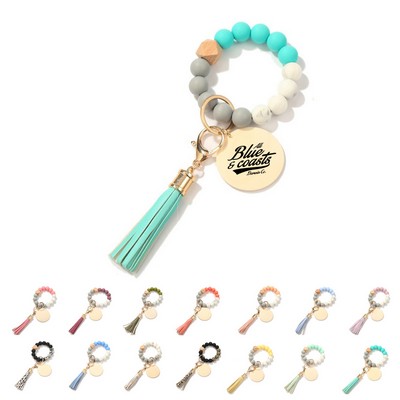 Food-grade Silicone Beaded Wood Wristlet Keychain with Tassel