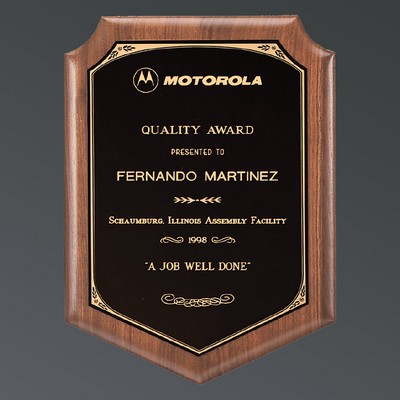 American Walnut Shield Plaque, Black Brass/Gold Florentine, Small (7"x8")